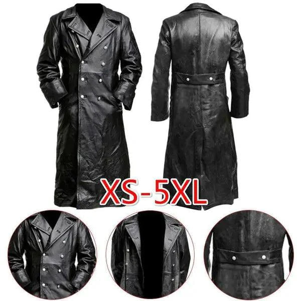 Black Midnight Leather Trench coat by MANDOTOS, featuring a sleek design and classic silhouette, shown on a hanger.