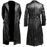 Mandotos Midnight Leather Trench Coat displayed on a hanger, showcasing sleek black leather with classic trench design and belt details.