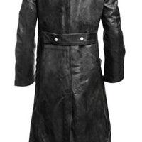 Mandotos Midnight Leather Trench coat displayed on a hanger, showcasing sleek black leather with classic trench design.