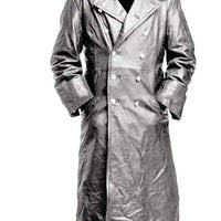 Black Midnight Leather Trench Coat by MANDOTOS, featuring a sleek design and classic collar, displayed on a hanger.