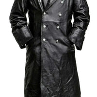 Mandotos Midnight Leather Trench coat displayed on a model, featuring sleek black leather with stylish lapels and a tailored fit.