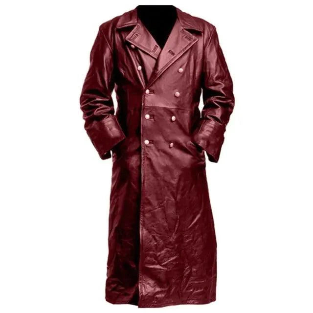 Mandotos Midnight Leather Trench coat displayed hanging, showcasing sleek black leather with classic trench design and belt details.