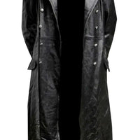 Mandotos Midnight Leather Trench coat displayed on a hanger, featuring sleek black leather and classic trench design.