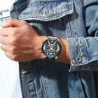 Mandotos military leather chronograph wristwatch with black dial, silver case, and leather strap, showcasing rugged, tactical style.