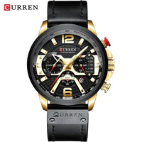 Mandotos military leather chronograph wristwatch with black dial, stainless steel case, and brown leather strap.