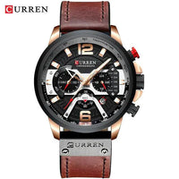 Mandotos military leather chronograph wristwatch with black dial, stainless steel case, and brown leather strap.