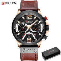 Mandotos military leather chronograph wristwatch with black dial, stainless steel case, and brown leather strap.