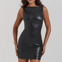 Black mini leather dress by MANDOTOS, showcasing a fitted style with sleek leather material and stylish design details.