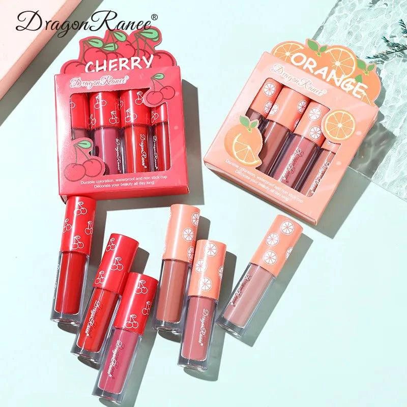 Mini Velvet Matte Lip Gloss Set 4 Piece Long Lasting Non Fading Non Stick Cup Fruit Scented Lip Tint Smooth Lightweight - MANDOTOS