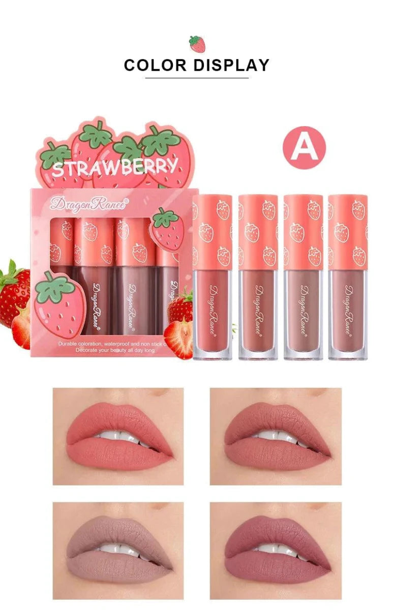Mini Velvet Matte Lip Gloss Set 4 Piece Long Lasting Non Fading Non Stick Cup Fruit Scented Lip Tint Smooth Lightweight - MANDOTOS