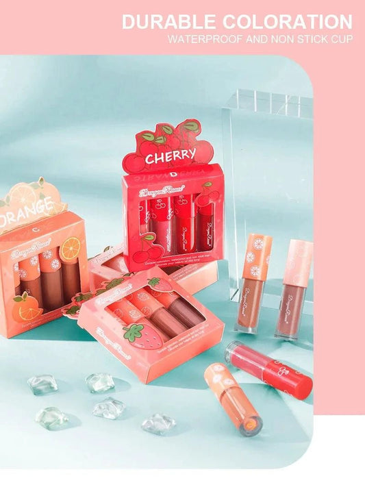 Mini Velvet Matte Lip Gloss Set 4 Piece Long Lasting Non Fading Non Stick Cup Fruit Scented Lip Tint Smooth Lightweight - MANDOTOS