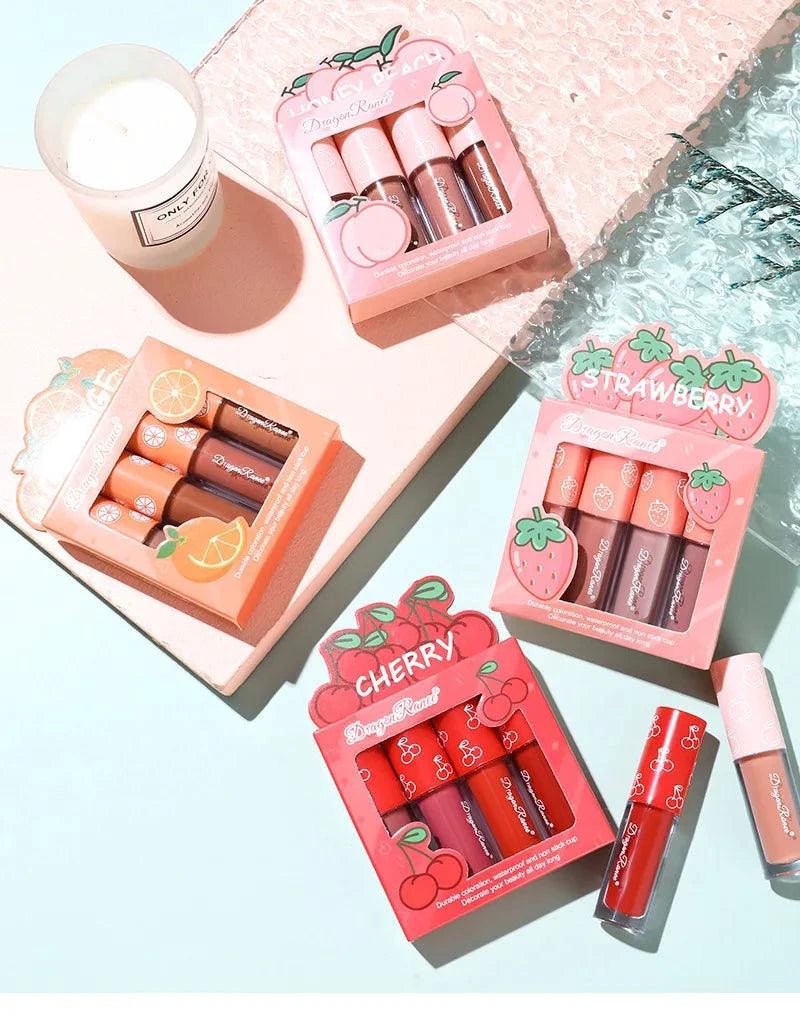 Mini Velvet Matte Lip Gloss Set 4 Piece Long Lasting Non Fading Non Stick Cup Fruit Scented Lip Tint Smooth Lightweight - MANDOTOS