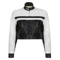Mandotos mosaic leather jacket featuring colorful patchwork, slim fit design, and stylish collar on a model.