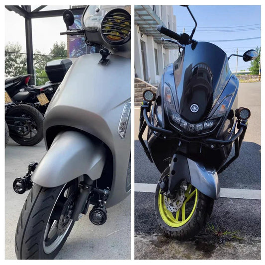 Mandotos motorcycle crash bars with foglight mounting brackets and highway bar for driving lights and spotlight clamps on motorbike.