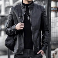Men's black motorcycle leather jacket by MANDOTOS featuring a classic design, front zipper, and shoulder detailing.