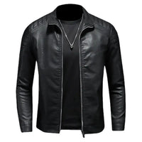 Men's motorcycle leather jacket by MANDOTOS featuring a classic black design and rugged style.