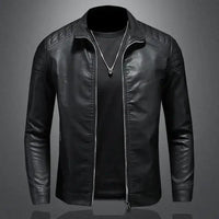 Men's black motorcycle leather jacket by MANDOTOS featuring classic design and sturdy leather construction.