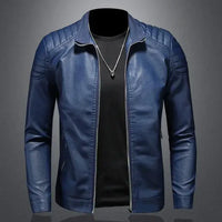 Men's black motorcycle leather jacket by MANDOTOS featuring a classic design, zipper details, and a snug fit for riding comfort.