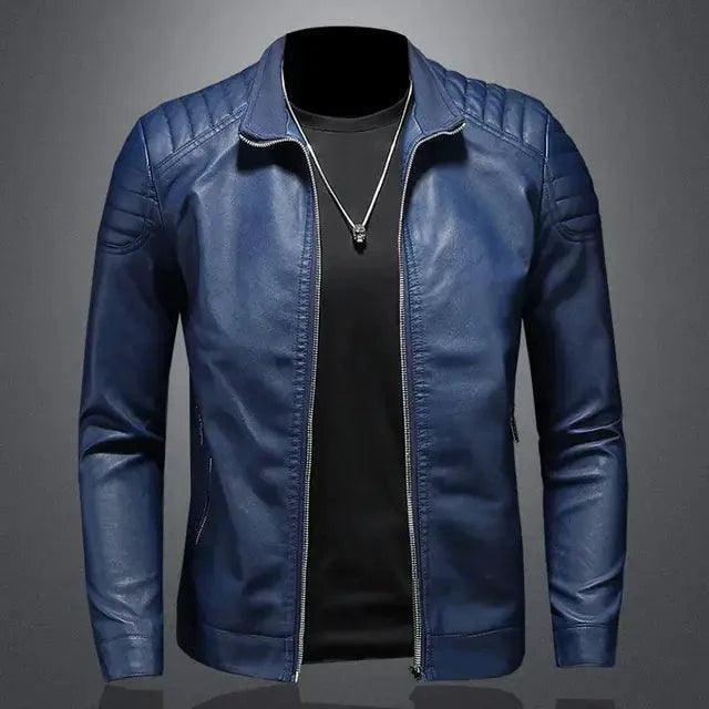 Men's motorcycle leather jacket by MANDOTOS featuring a sleek black design and padded shoulders for riding protection.