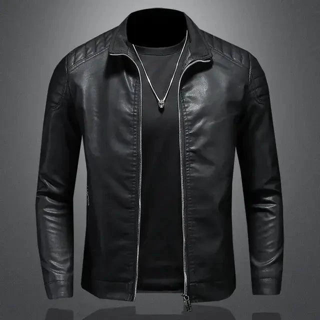 Men's motorcycle leather jacket by MANDOTOS featuring a sleek black design and durable leather construction.