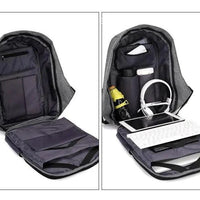 Mandotos multi-functional water-resistant backpack with USB charging port for laptops and notebooks, black with multiple compartments.