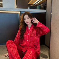 Gold velvet women's pajamas suit by MANDOTOS, featuring a comfortable, luxurious pajama set with long sleeves and matching pants.