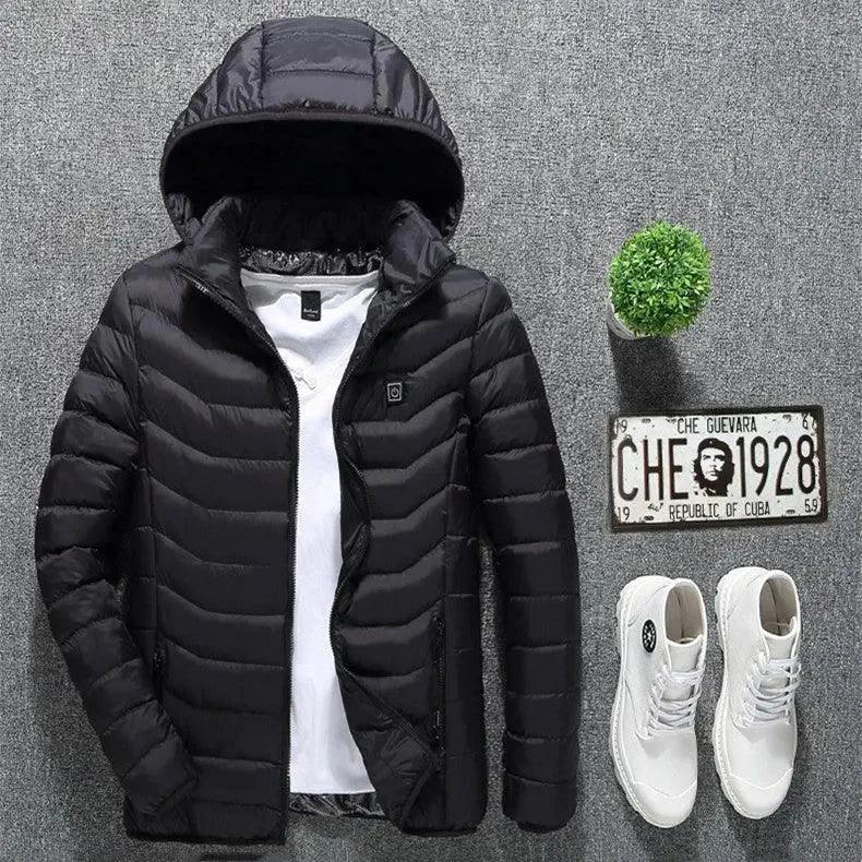 Mandotos heated men's electric jacket with USB, cotton outer, thermal heating vest for winter warmth and outdoor wear.
