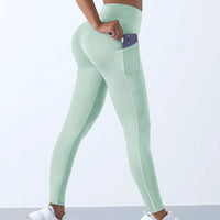 Mandotos high waist women's stretch yoga leggings with pockets, solid color, push-up fit, suitable for fitness and running.