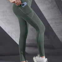 Mandotos high waist women's stretch yoga leggings with pockets, push-up fit, solid color, ideal for fitness and running.