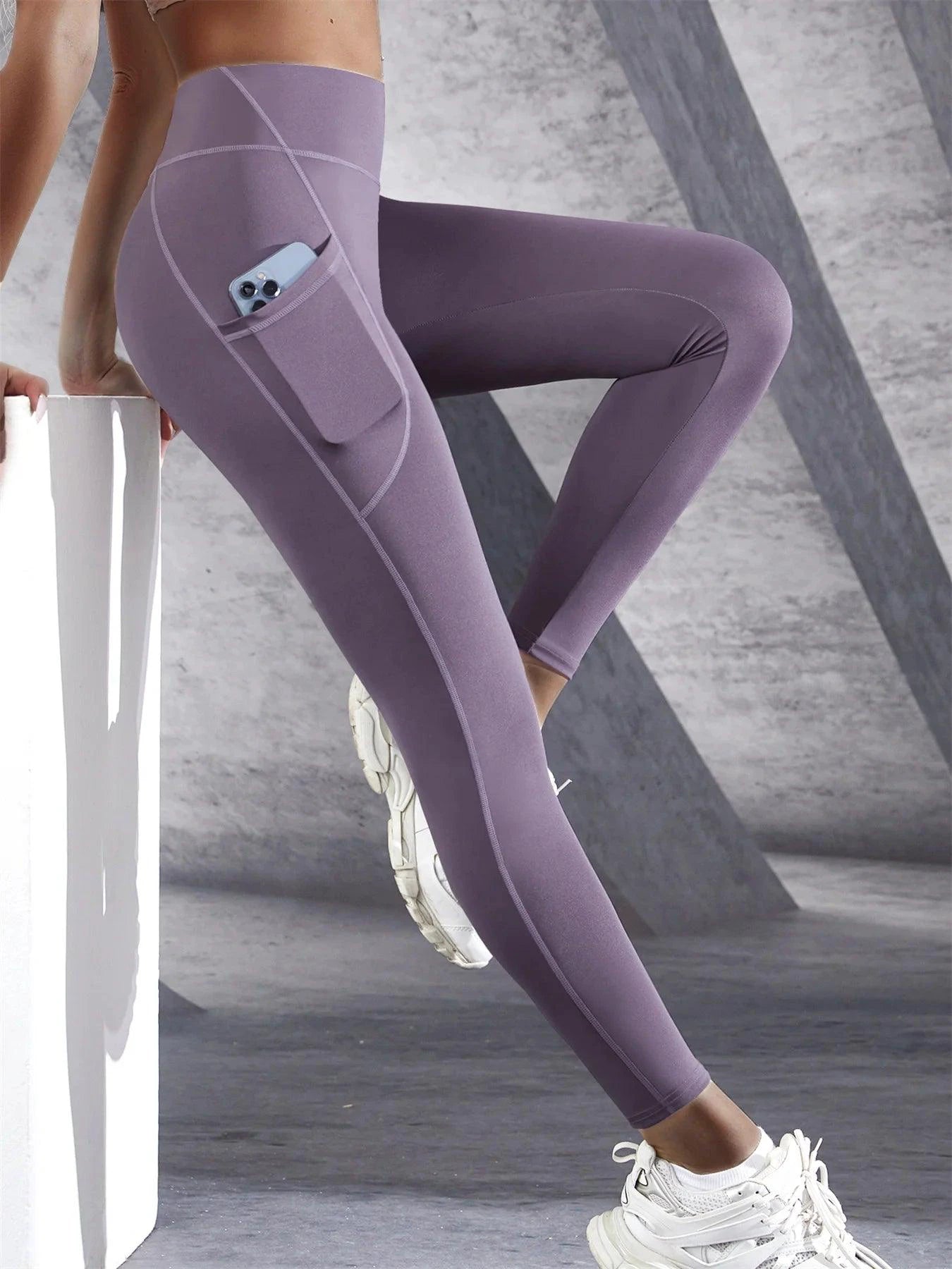 New High Waist Women's Leggings Stretch Yoga Pants Tights With Pockets Push Up Fitness Running Sportswear Solid Color Pants - MANDOTOS