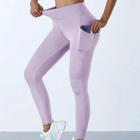 Mandotos high waist women's stretch yoga leggings with pockets, designed for fitness, running, and sports in solid color.