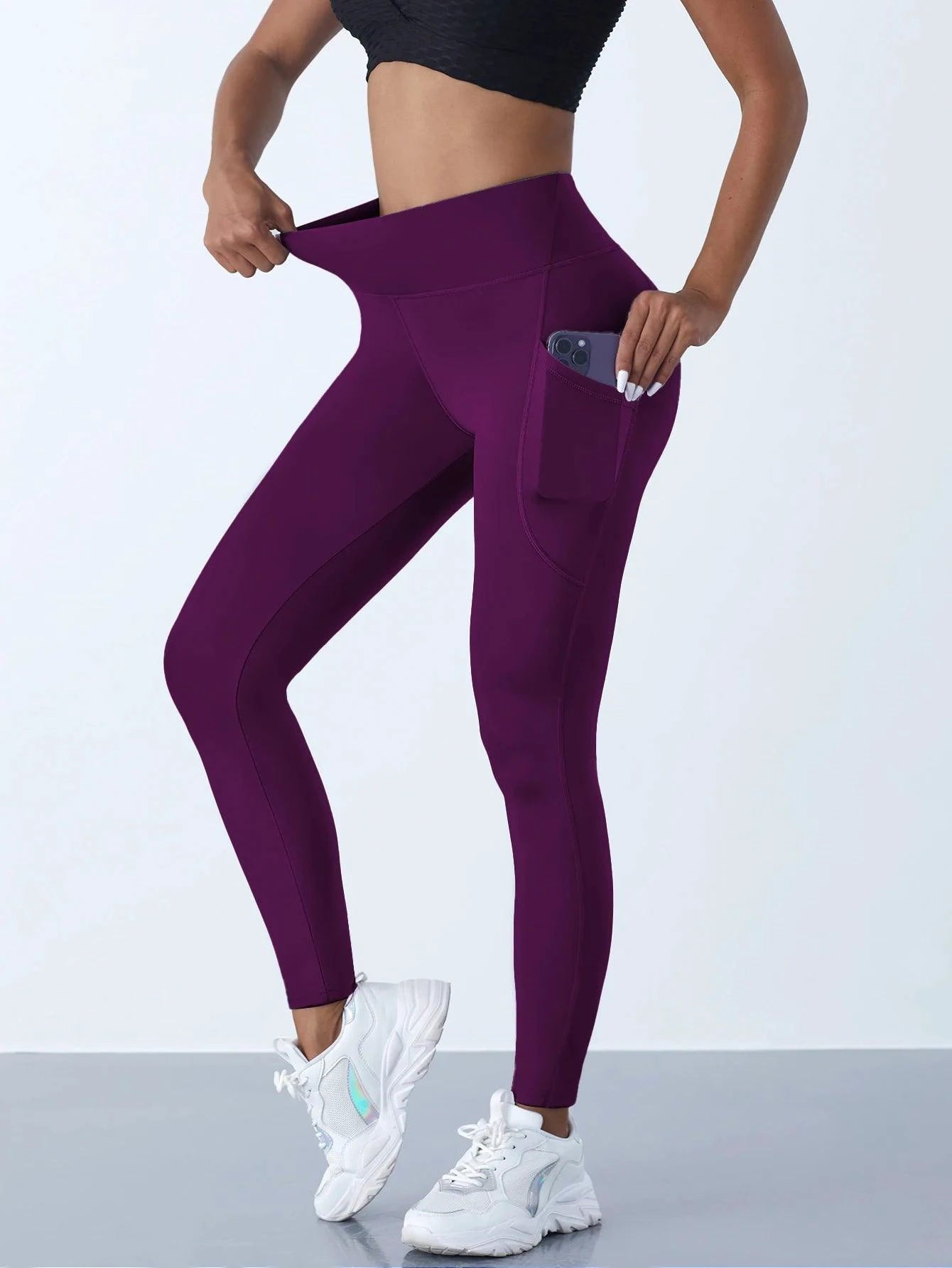 New High Waist Women's Leggings Stretch Yoga Pants Tights With Pockets Push Up Fitness Running Sportswear Solid Color Pants - MANDOTOS