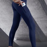 Mandotos high waist women's stretch yoga leggings with pockets, push-up design, solid color, suitable for fitness and running.
