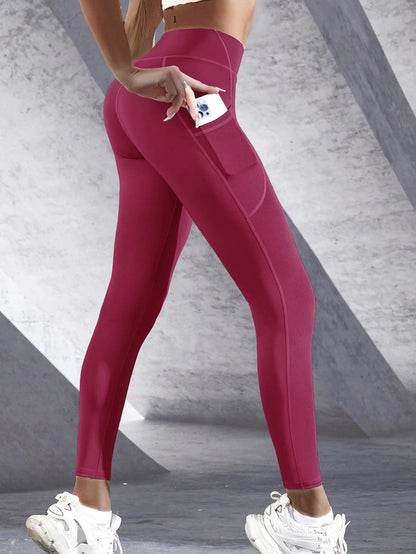New High Waist Women's Leggings Stretch Yoga Pants Tights With Pockets Push Up Fitness Running Sportswear Solid Color Pants - MANDOTOS