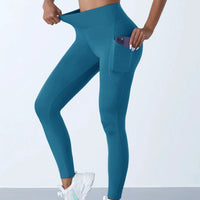 Mandotos high waist women's leggings with pockets, stretch yoga pants, solid color fitness tights, ideal for running and sports.