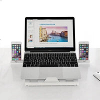 Mandotos multifunctional folding aluminum laptop stand with adjustable height and monitor riser, portable and lightweight.