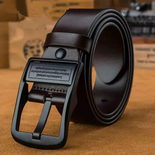 Mandotos men's leather cowhide belt with metal alloy pin buckle, stylish and casual for jeans and business wear.
