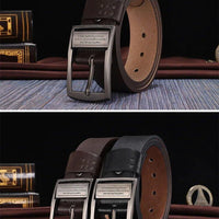 Mandotos men's leather cowhide belt with metal alloy pin buckle, stylish and luxury brand for jeans, casual, and business wear.