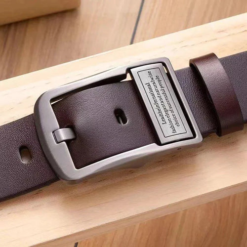 Mandotos leather men's belt with metal alloy pin buckle, stylish cowhide strap for jeans and casual wear.