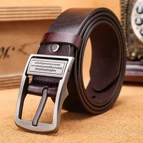 Mandotos leather men's belt with metal alloy pin buckle, casual and business style, durable cowhide strap for waist or jeans.