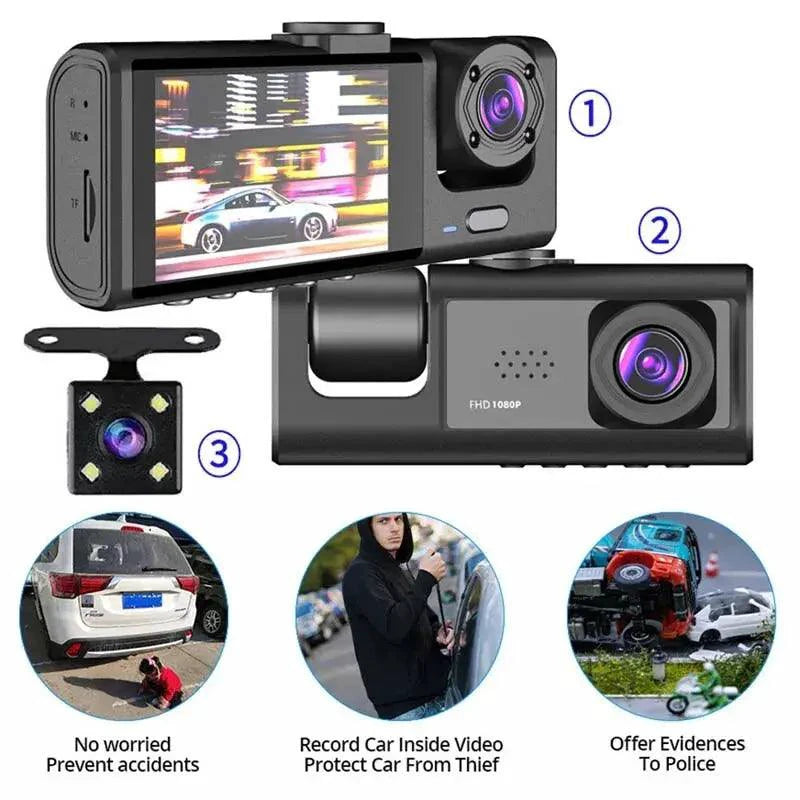 Night vision dash recorder by MANDOTOS showing a sleek black device with a wide-angle lens for vehicle security and recording.