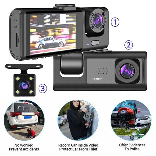 Mandotos night vision dash recorder showing front view with illuminated display and camera lens for vehicle security.