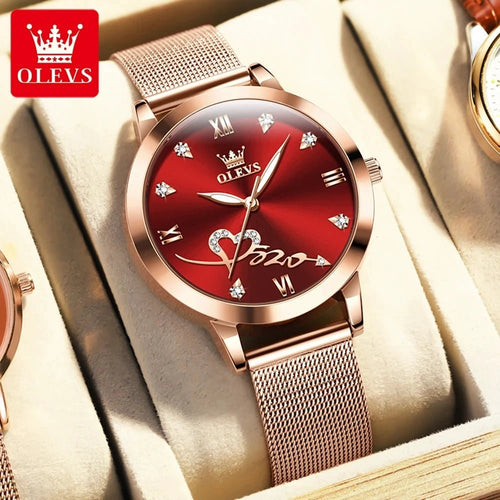 Mandotos OLEVS luxury women's rose gold quartz watch with stainless steel mesh strap and love dial design.