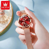 OLEVS Luxury Fashion Ladies' Watches Rose Gold Top Brand Original Quartz Watch for Women Stainless Steel Mesh Strap Love Dial MANDOTOS