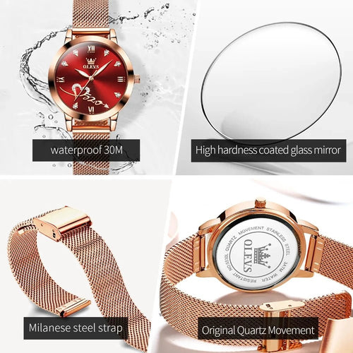 Mandotos OLEVS luxury ladies' rose gold fashion watch with stainless steel mesh strap and love dial, original quartz movement.