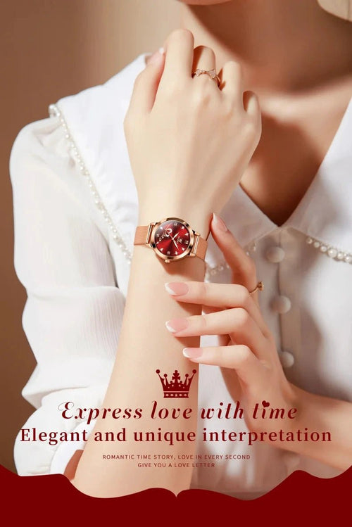 Mandotos OLEVS luxury women's rose gold quartz watch with stainless steel mesh strap and love dial design.