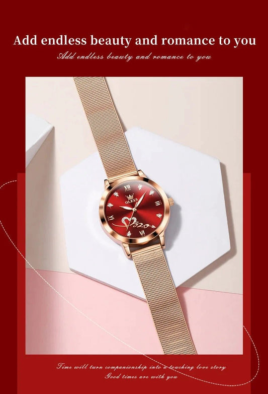 Mandotos OLEVS luxury ladies' watch with rose gold case, stainless steel mesh strap, love dial, and quartz movement.