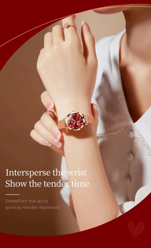 Mandotos OLEVS luxury women's rose gold fashion watch with stainless steel mesh strap and love dial, featuring original quartz movement.