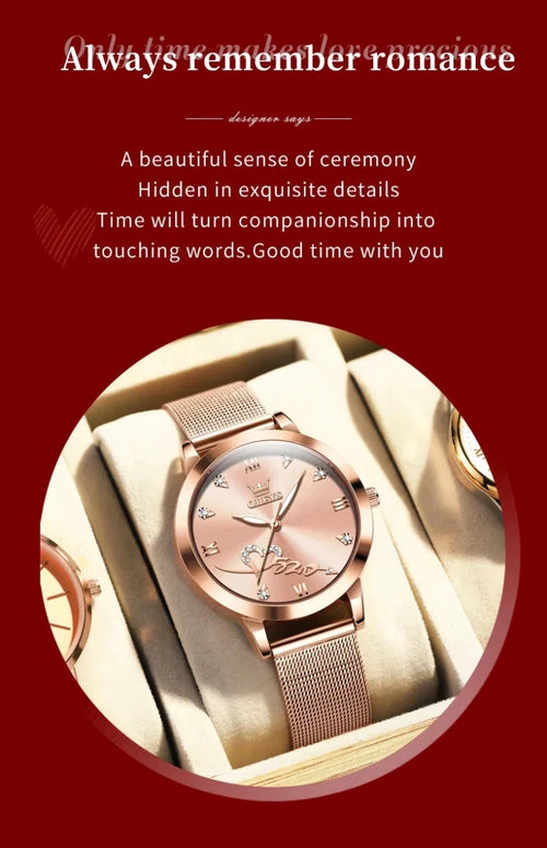 Mandotos OLEVS luxury ladies' rose gold quartz watch with stainless steel mesh strap and love dial design.