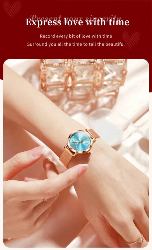 Mandotos OLEVS luxury women's watch with rose gold stainless steel mesh strap and love dial, original quartz movement.